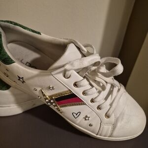 Aldo Women's White and Green Sneakers with Pink Accents